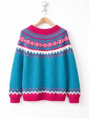 Vintage Hand Knit Fair Isle 100% Wool Sweater -  XL